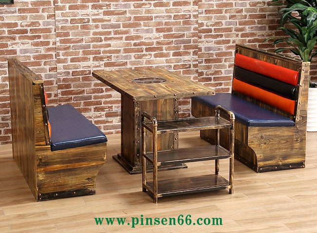 火鍋桌椅 主題餐廳火鍋桌椅 復(fù)古工業(yè)風(fēng)碳化實木燒烤桌子 電磁爐烤涮一體