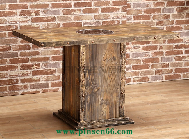 火鍋桌椅 主題餐廳火鍋桌椅 復(fù)古工業(yè)風(fēng)碳化實木燒烤桌子 電磁爐烤涮一體