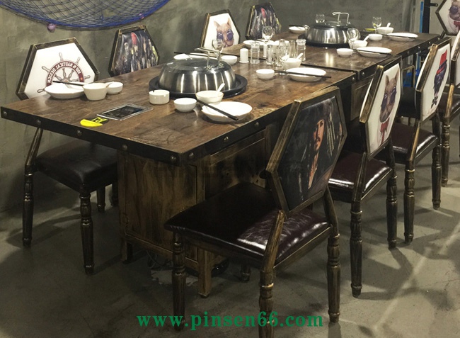 美式loft復古風格實木蒸汽火鍋餐桌軟包椅子組合